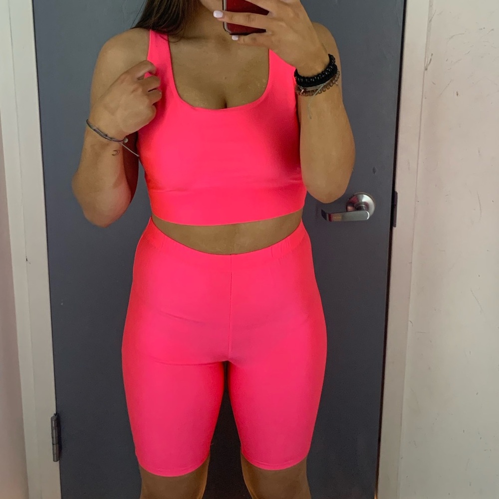 neon two piece/ cropped tank& biker shorts